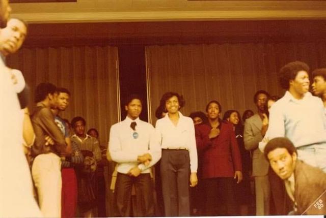 Group of students on a stage, vintage photo