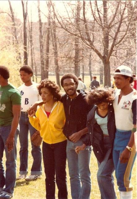Friends gathered outdoors in spring, vintage photo