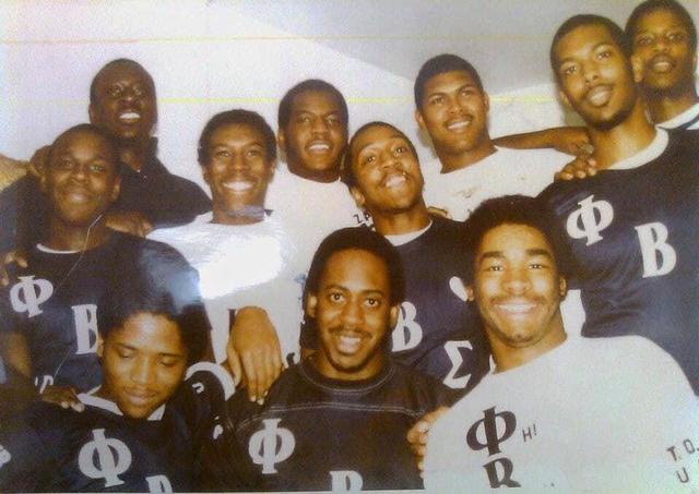 Phi Beta Sigma brothers in letter shirts, vintage photo