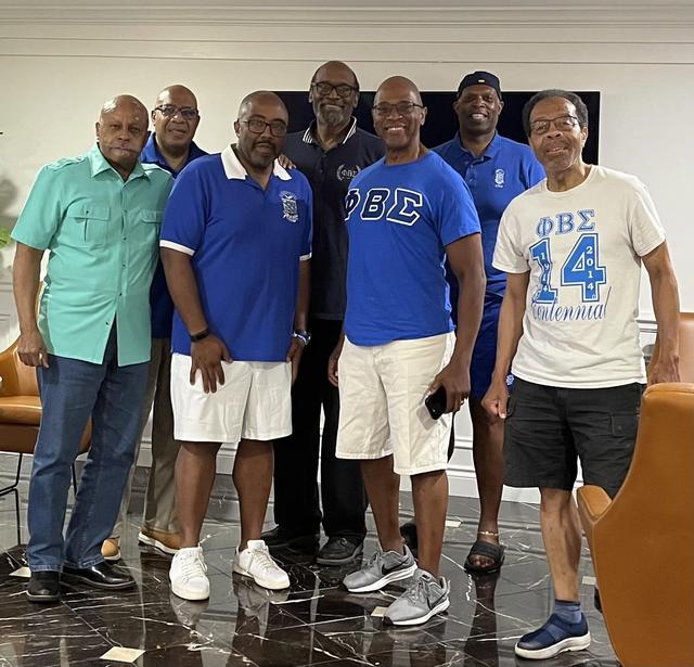 Fraternity brothers in blue and white