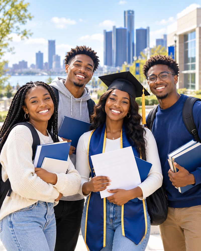 Smiling college students holding books, one in a graduation cap and gown, with the Detroit skyline behind them