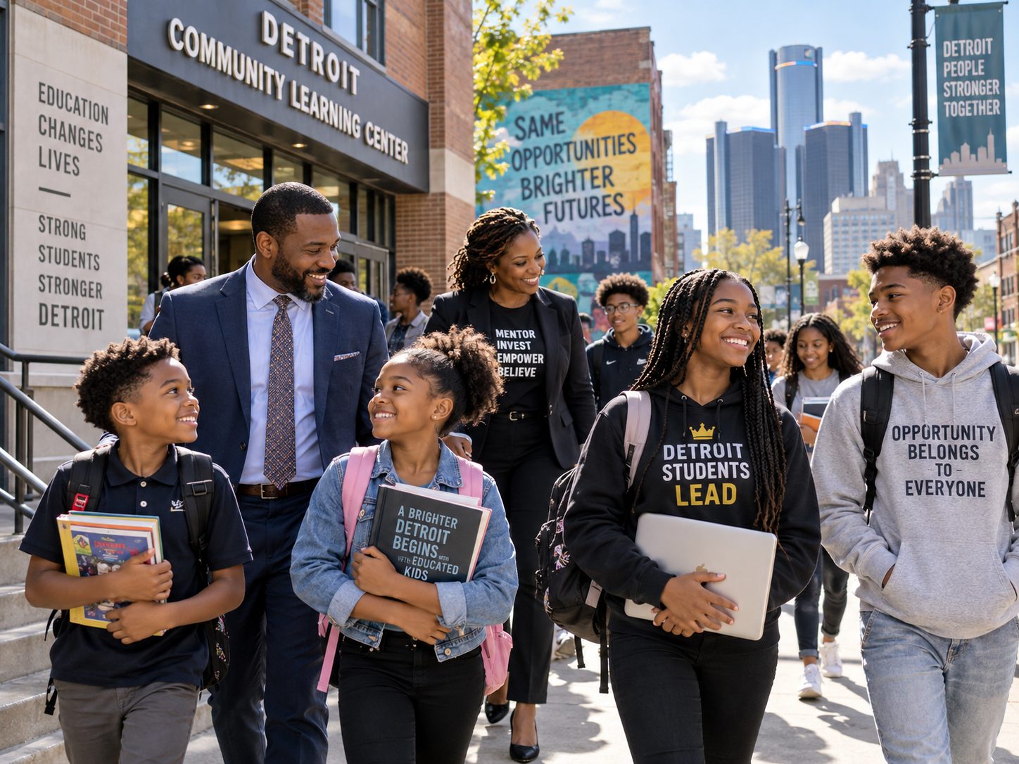 Detroit students and mentors walking and talking together outside a community learning center, with the Detroit skyline behind them